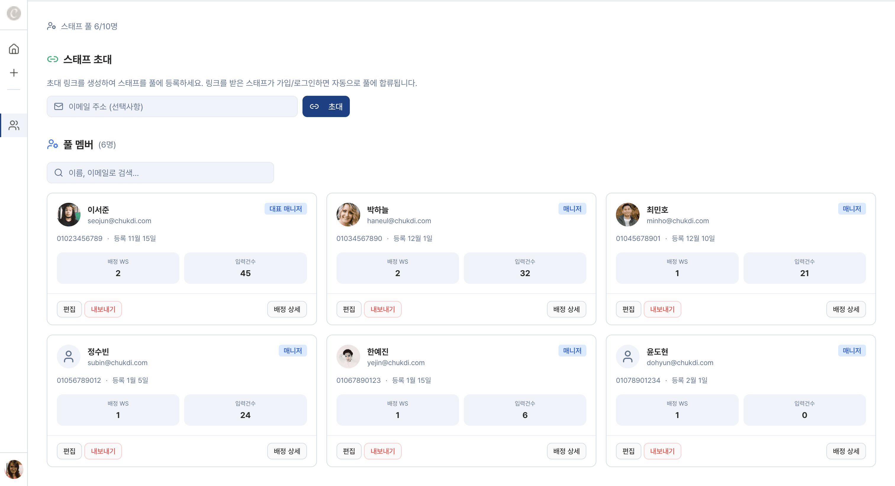 도우미 초대 & 관리 — 이메일 초대, 역할, 건수