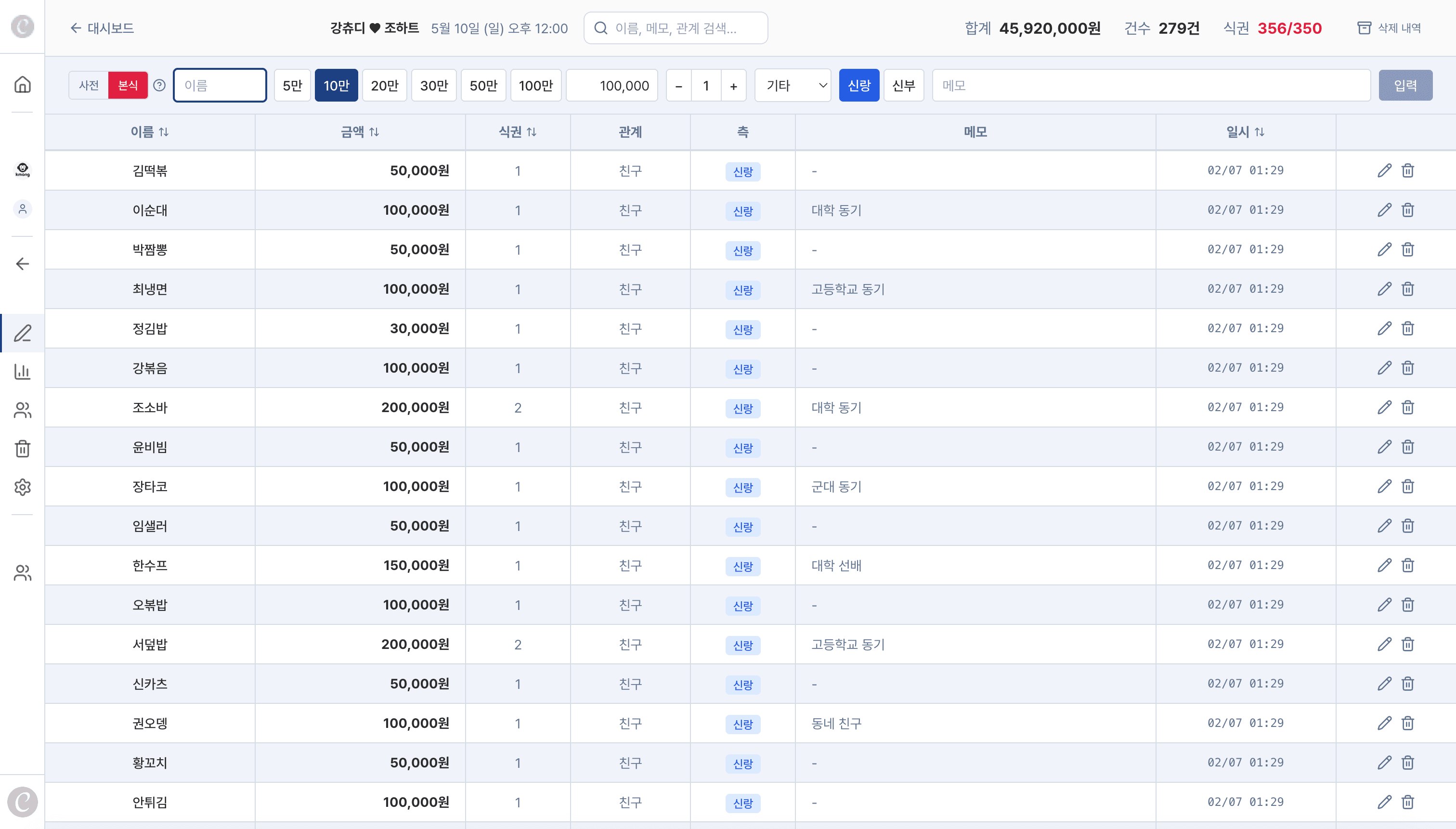 축의금 입력 시스템 — 테이블, 금액 프리셋, 상단 집계바
